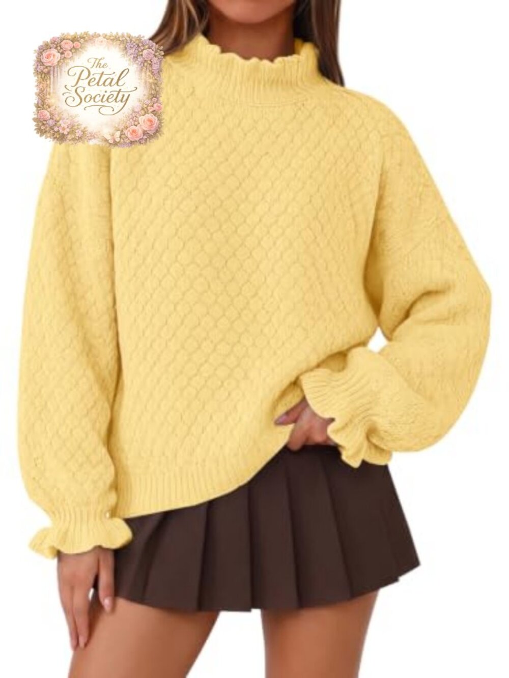 Oversized Cable Knit Sweater Mock Neck Pullover Ruffle Cuff Fall Winter